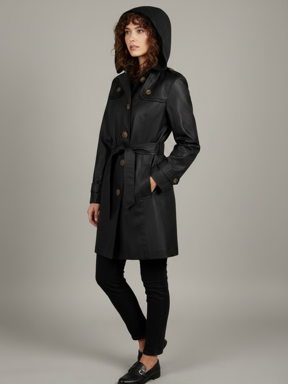 London Fog Black Hooded Belted Trench Coat